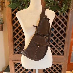 Brown leather shoulder Crossbody Travel Sling bag with adjustable straps